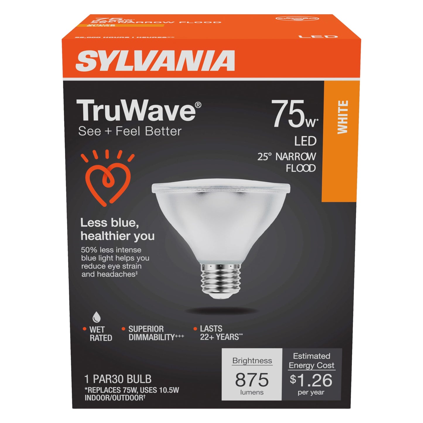 Sylvania LED TruWave Natural Series PAR30 Light Bulb, 75W Equivalent, Efficient 9W, Medium Base, Dimmable, 3000K, White - 1 Pack (40914)