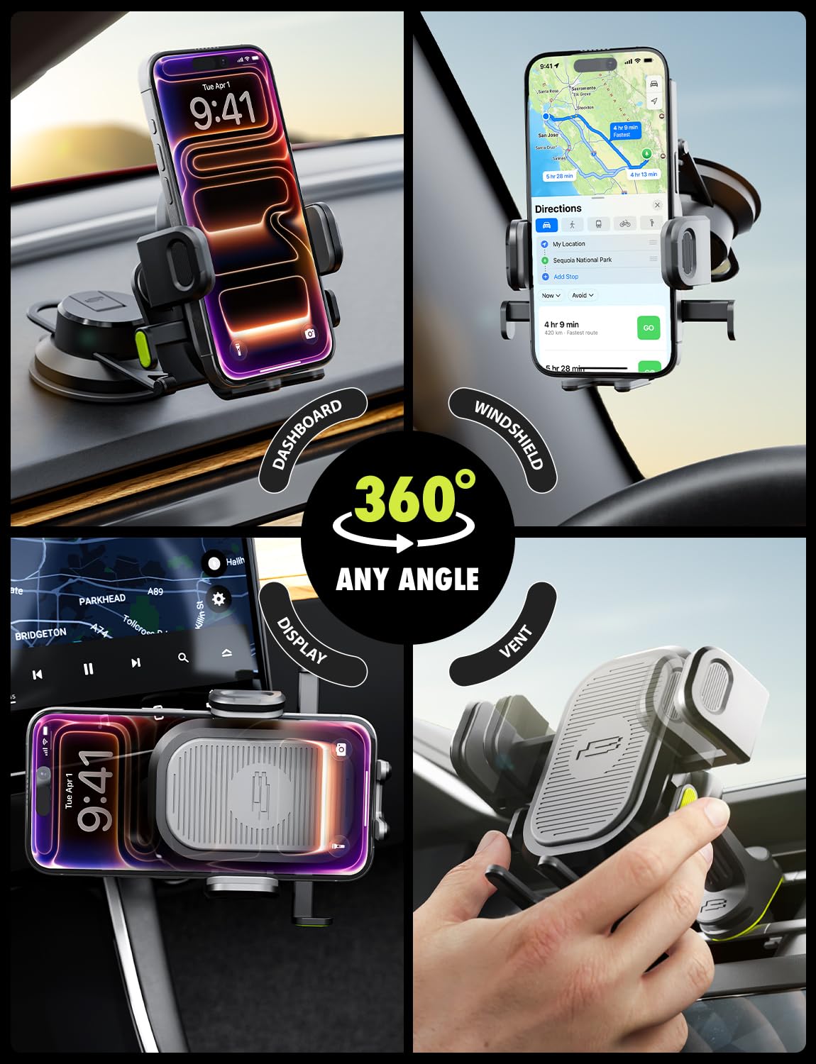 Bracketron OneClick 4-in-1 Car Phone Mount for Tesla Model 3, Y, S, X, Juniper - Dashboard, Windshield, Vent & Screen Holder Accessories - Fits All