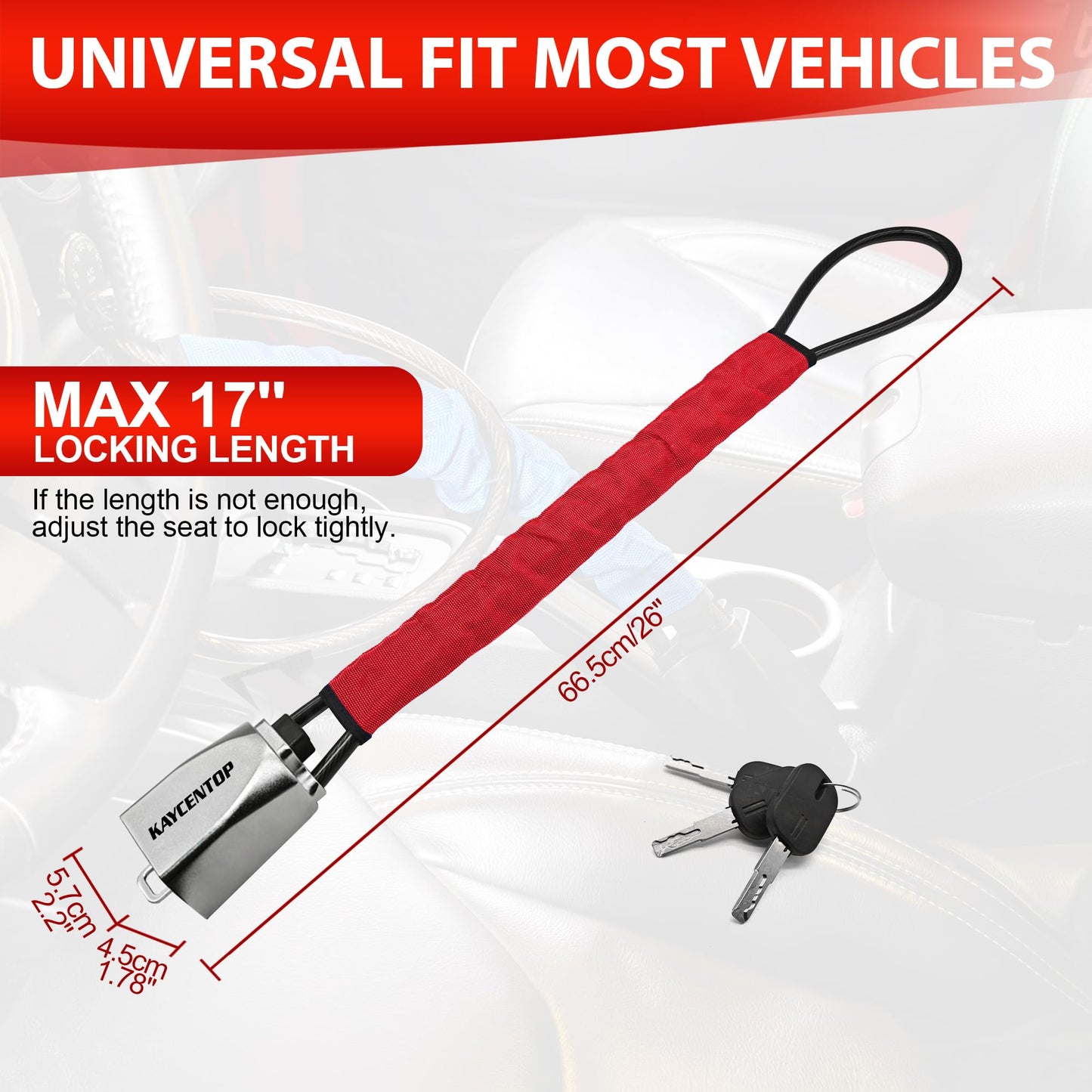 KAYCENTOP Car Steering Wheel Lock, Seat Belt Lock, Car Locks Anti-Theft Device with Aluminum Alloy Lock Housing, Max 17 Inch Length, High Visibility