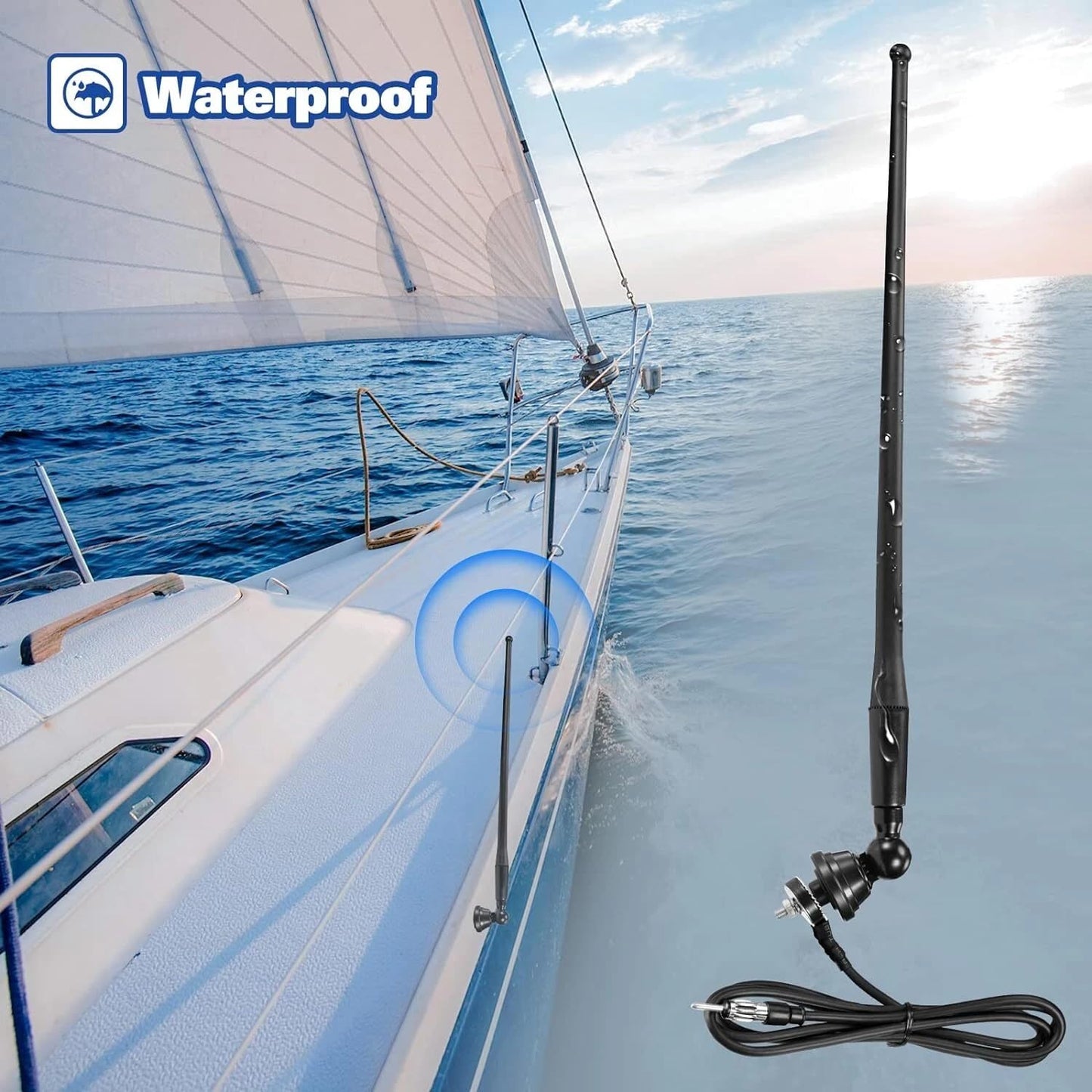 Marine Boat Radio Antenna Waterproof 16 Inch, Rubber Duck Dipole Flexible Mast FM AM Antenna for Boat Radio Car ATV UTV RZR SPA