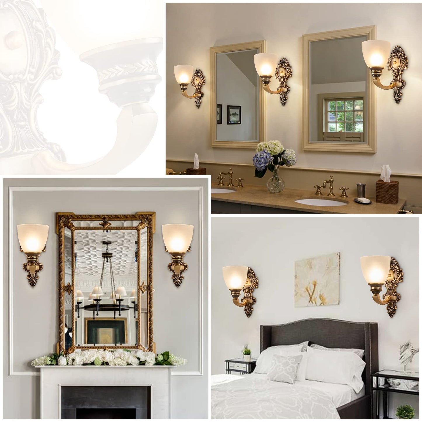 NOXARTE 2 Pack Vintage Wall Sconce Brass Wall Mounted Light Ceiling Fixture with Milk White Glass Shades for Living Room Bedroom Hallway