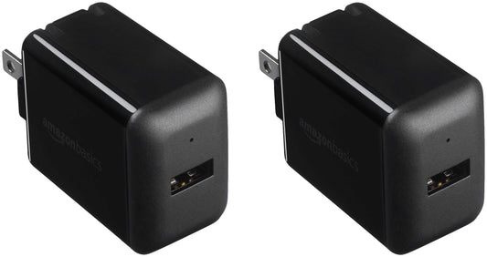 Amazon Basics 12W One Port USB-A Portable Wall Charger (2.4A) for Phones (iPhone 16/15/14/13/12/11/X, Samsung, and more), 2-Pack, Black