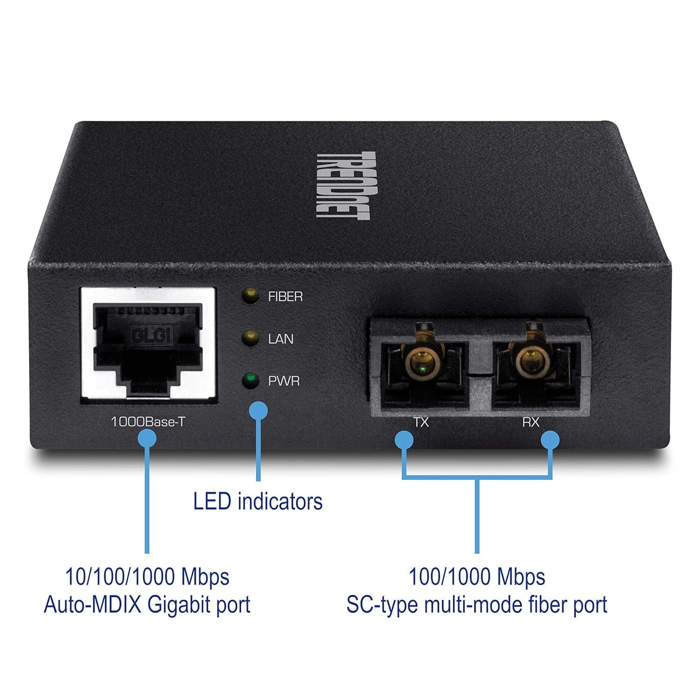 TRENDnet 1000Base-T to 1000Base-SX Multi-Mode SC Fiber Converter, up to 550M (1800 ft.), 2 Gbps Switching Capacity, TFC-GMSC