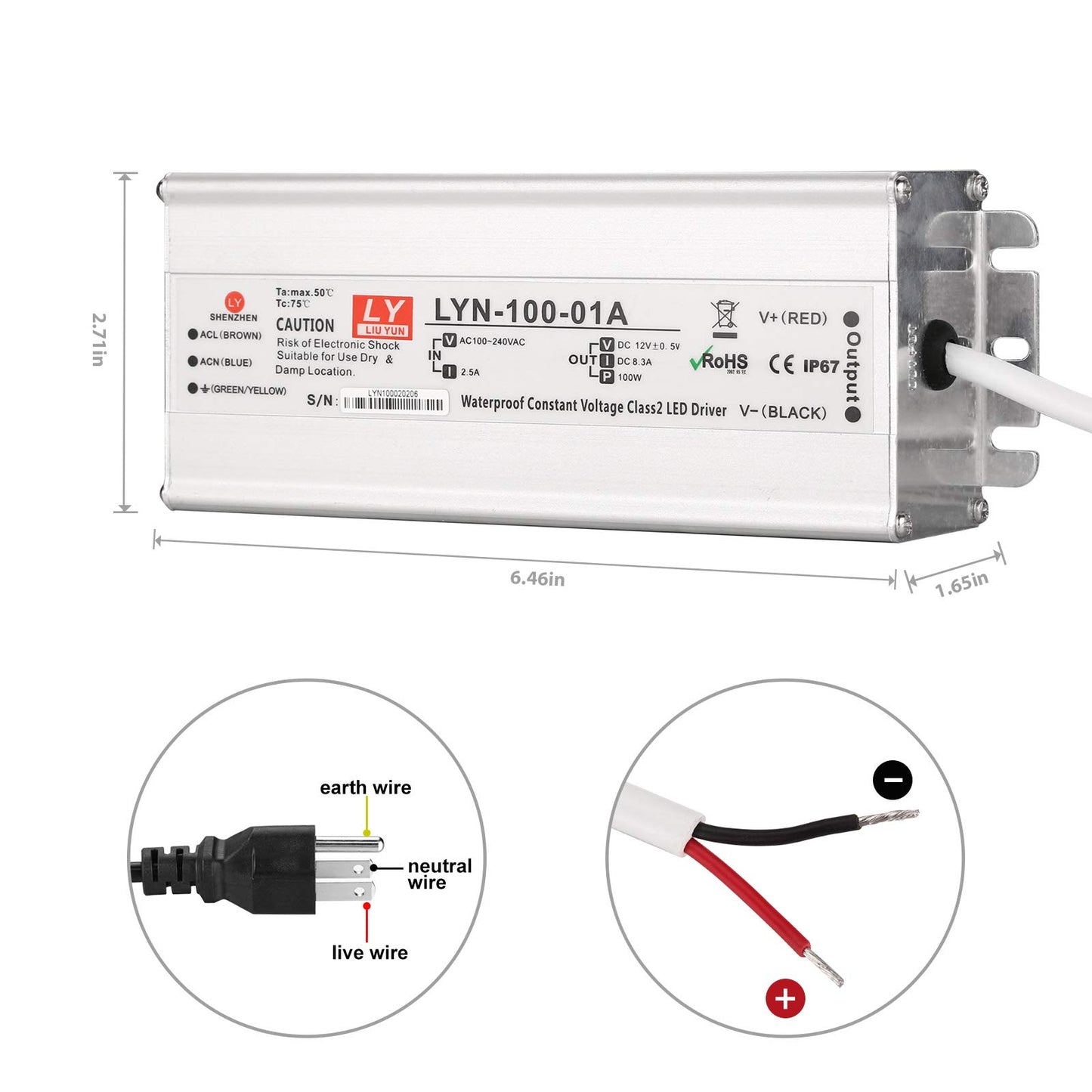 LED Driver 100 Watts 110V AC to 12V DC Low Voltage Output, IP67 Waterproof Power Low Voltage Transformer Adapter with 3 pin Plug LED Cable for LED