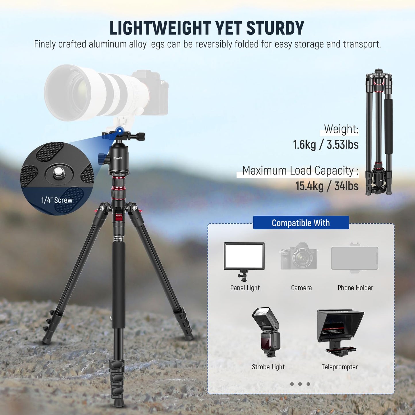NEEWER 77” Camera Tripod Monopod with Phone Holder, Portable Travel Tripod with Remote, 360° Ball Head, 2 Axis Center Column, Arca QR Plate and Bag