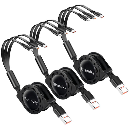Bismdky 3 Pack 3 in 1 Multi USB Retractable Fast Charger Cable,Multiple Charging Cord Adapter with IP/Micro USB/Type C Port Adapter, Fast Charging