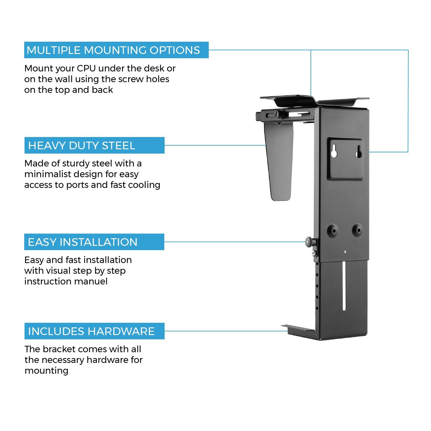 HumanCentric Adjustable Under Desk Computer Mount and Wall Mount, CPU Holder Fits Most PC or Computer Cases, Adjustable Height and Width, Full 360