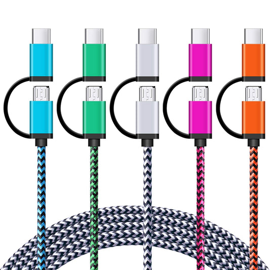 USB Type C Cable 5Pack 6Ft USB C 2in1 Cable [Micro USB & Type C] Nylon Braided Fast Charger Cord for Samsung Galaxy A17 A16 A36 A56 S25 Ultra S24 FE