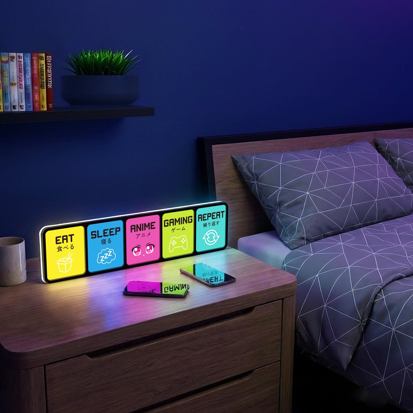 Tokeneon Eat Sleep Anime Gaming Repeat LED Light Sign, Dimmable LED Gaming Room Decor Wall Light, Game Setup Room Sign for Bedroom, Neon Gaming Decor