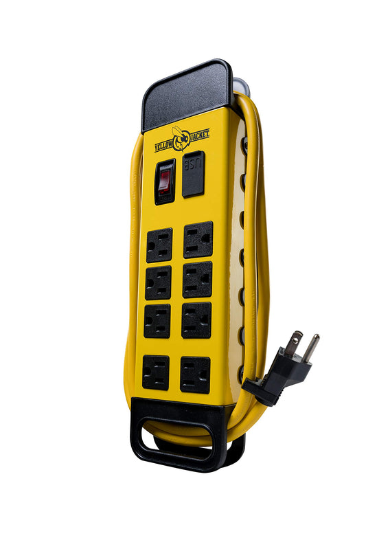 Southwire Yellow Jacket Power Block - 8 Outlet Heavy Duty Metal Power Strip - Dual USB Ports for Fast Charging - Rugged Workshop Design - 6 Ft Yellow