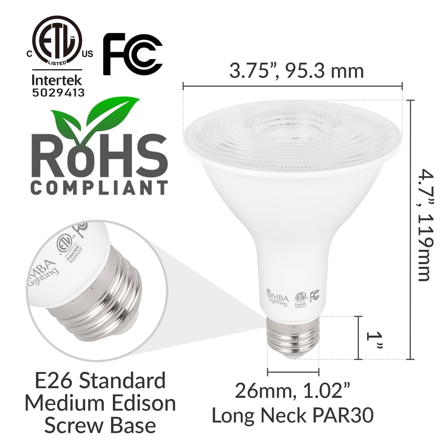 Simba Lighting LED PAR30 Long Neck 12W 120V ETL Listed E26, 3000K, 6 Pack