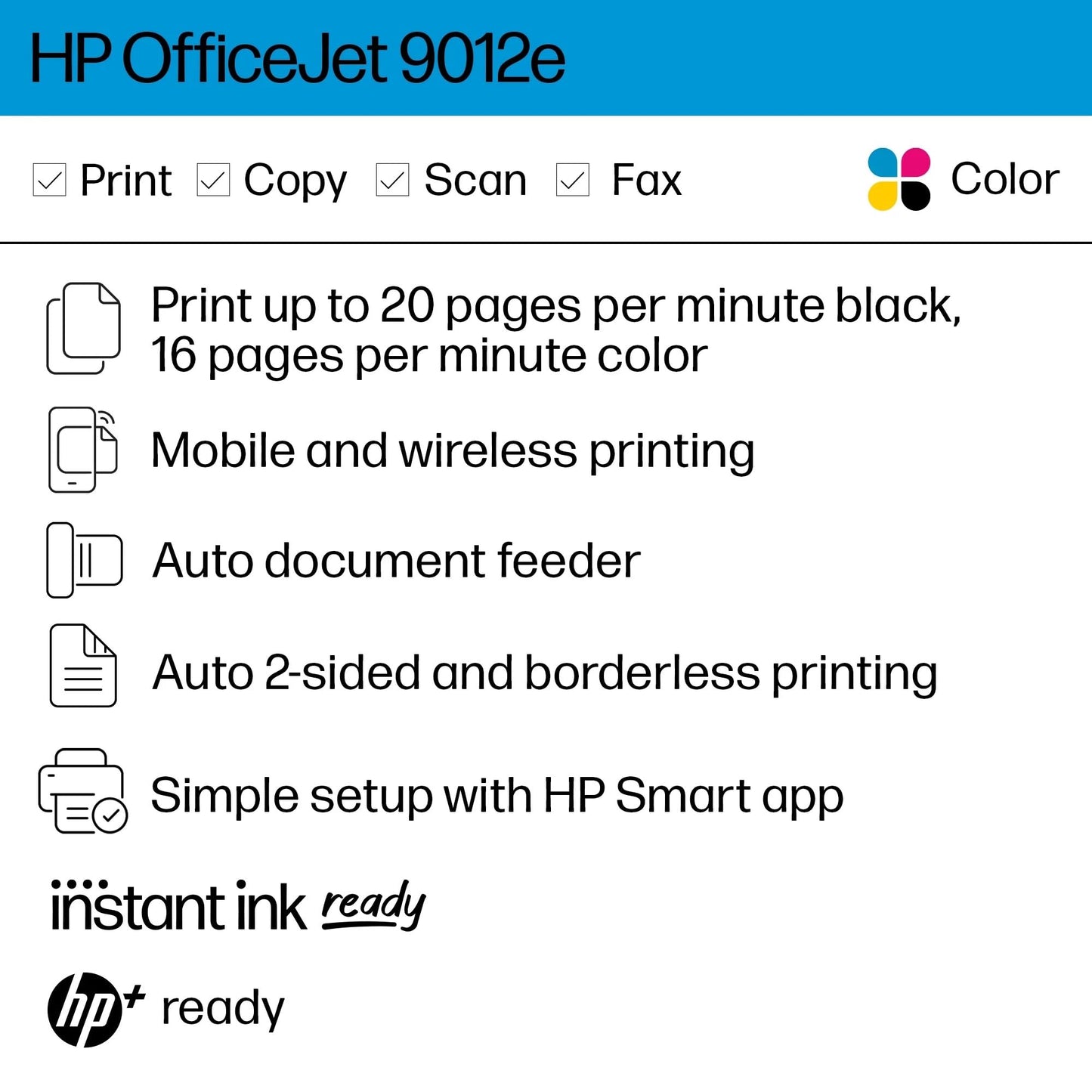 HP OfficeJet 9012e All-in-One Color Inkjet Wireless Printer Scanner Copier Fax with 6-month Instant Ink Mobile Computer Printers for Home Use Office