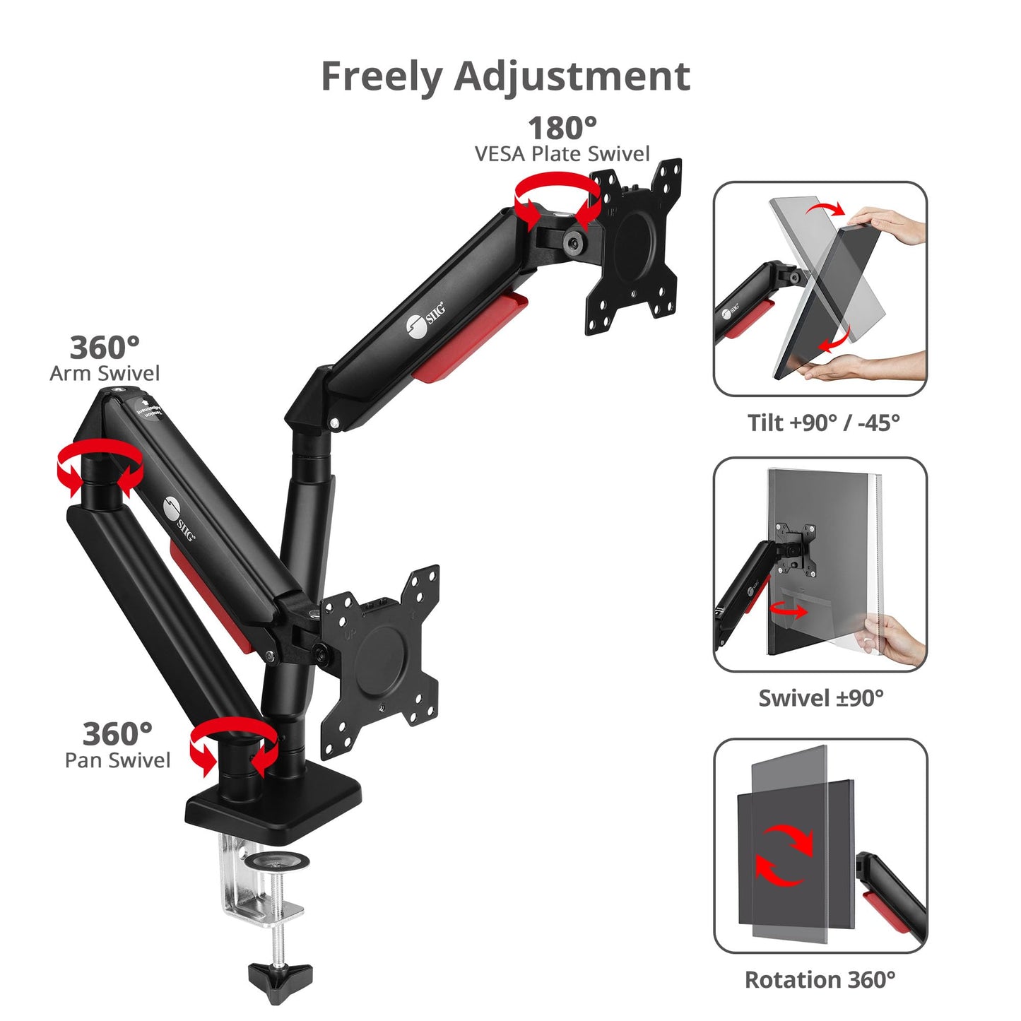 SIIG Dual Monitor Arm Stand for Desk - Fully Adjustable Gas Spring Mount Holds 22 lbs and 13-32 Inch Screens, VESA 75x75 100x100 with C-Clamp