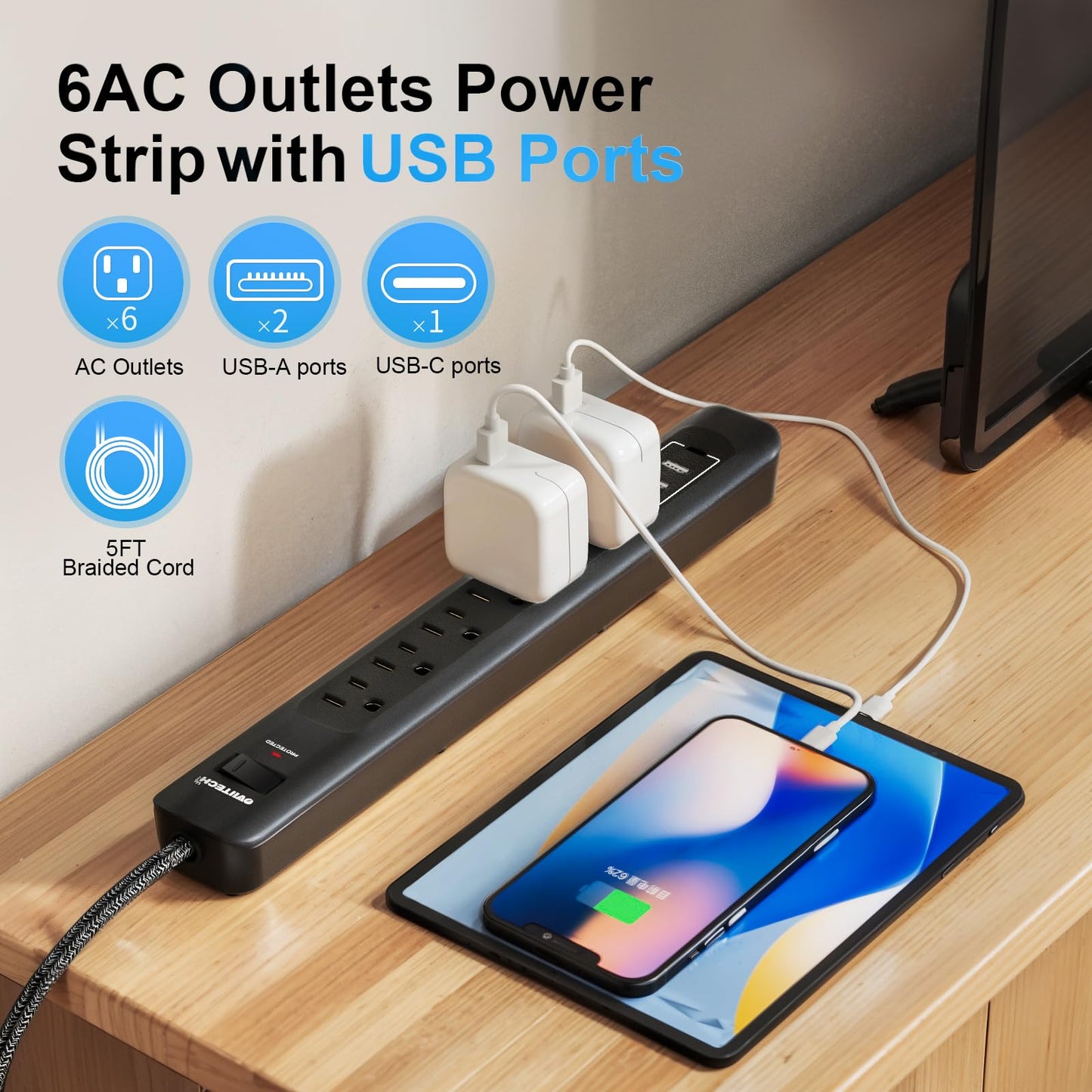 2 Pack Power Strip Surge Protector - 5Ft Extension Cord with 6 Outlets with 3USB Ports(1 USB C) Port, 1875W/15A, Flat Plug, Wall Mount Desk Charging