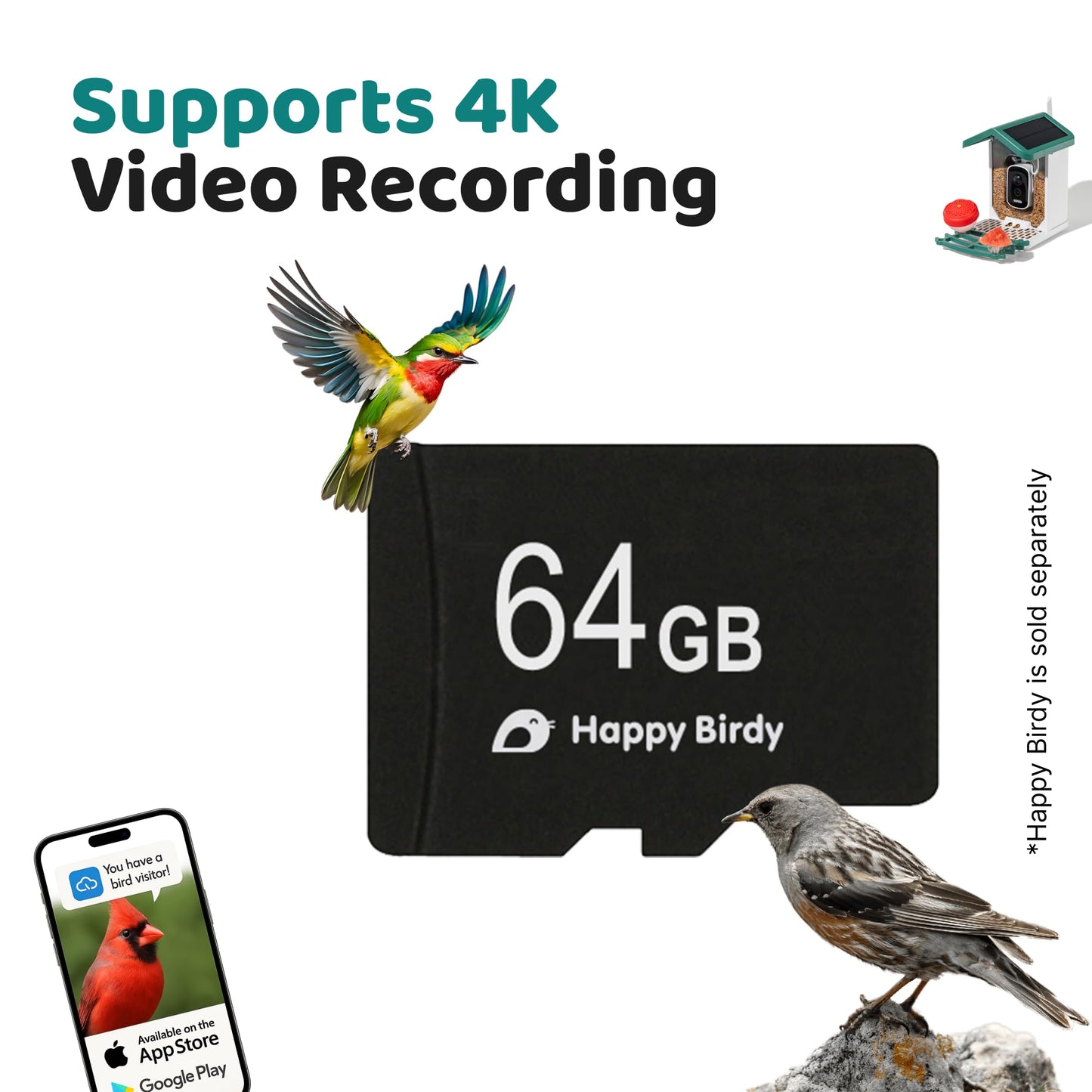 WuzuTech Happy Birdy 64GB MicroSD Card - TF Memory Card for Happy Birdy Smart Feeder | U3 A1 | 4K Video Recording | Waterproof, Heat-Resistant