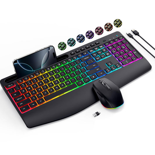 Wireless Keyboard and Mouse Combo- VEILZOR 2.4G Rechargeable Keyboard with Phone Holder, Ergonomic Wrist Rest, 9 RGB Backlit Effects, Silent Keyboard