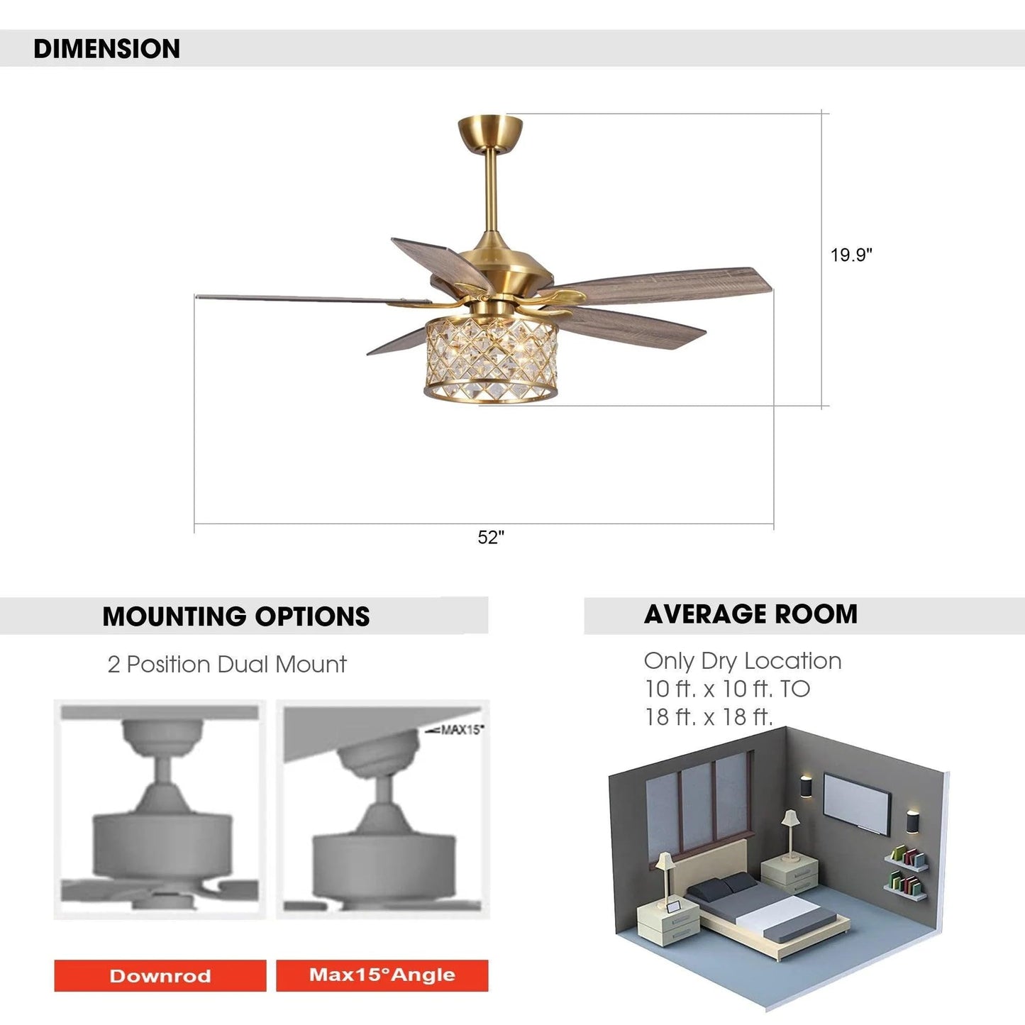 Vaczon 52'' Farmhouse Ceiling Fan with Light: Golden Caged Fandelier Style, Crystal Ceiling Fan with Remote, 6 Speeds, Reversible Motor, Noiseless