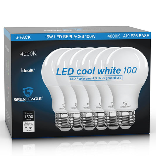 Great Eagle Lighting LED Light Bulbs 100 Watt Equivalent, Cool White 4000K, A19 E26 Bulb 1500 Lumens Non-Dimmable for Bathroom Kitchen Office Garage