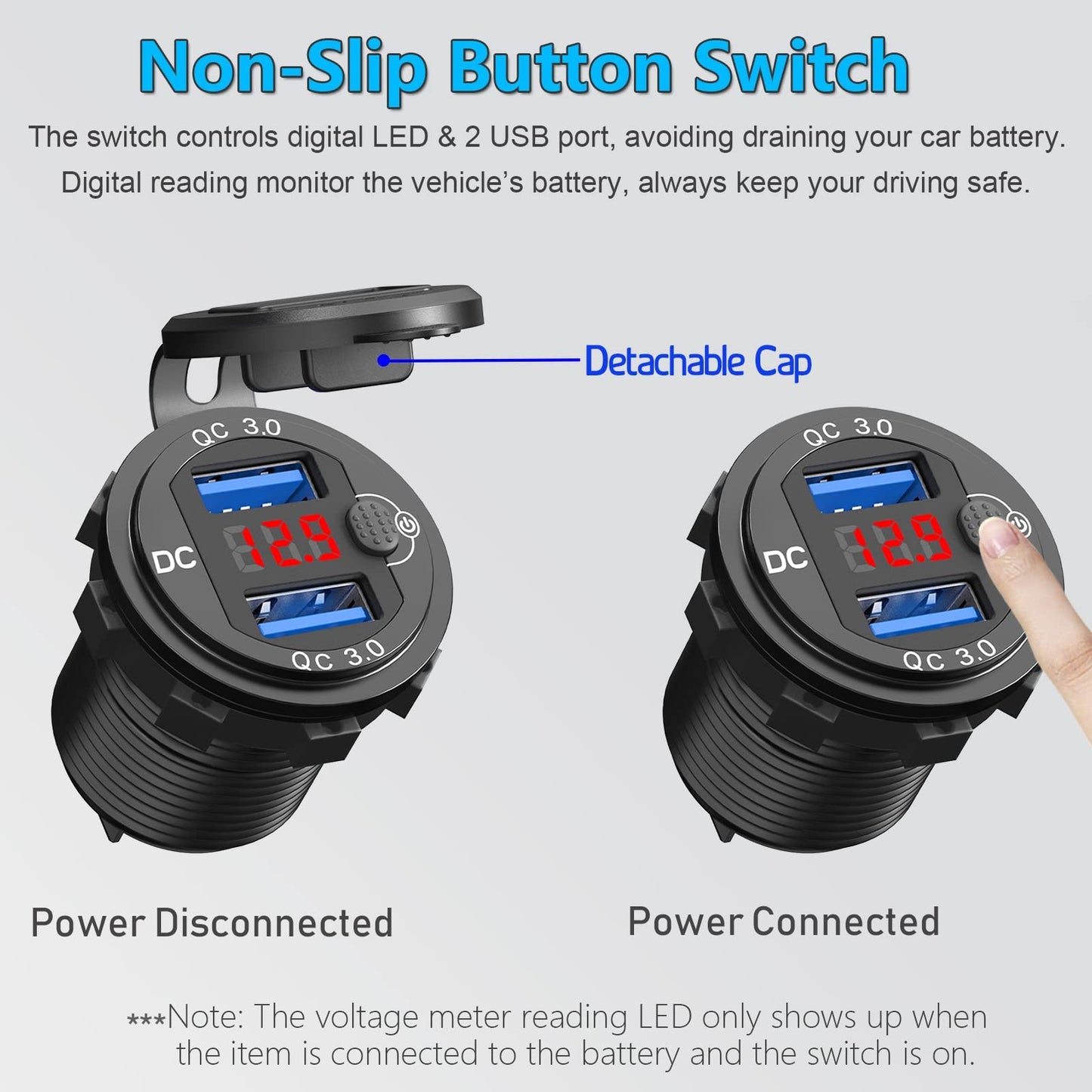 [Upgraded Version] Quick Charge 3.0 Dual 12V USB Car Charger, Aluminum Socket with Red Digital Voltmeter, Waterproof Car Outlet with Power Switch