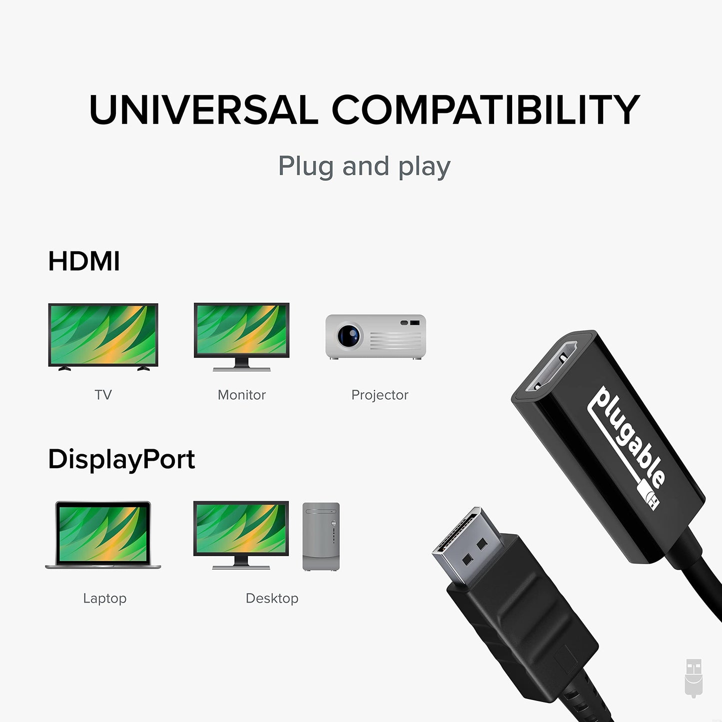 Plugable Active DisplayPort to HDMI Adapter, Uni-Directional, Driverless, Adapts Any Full-Sized DP Port to Enable Connecting a HDMI Cable and Display