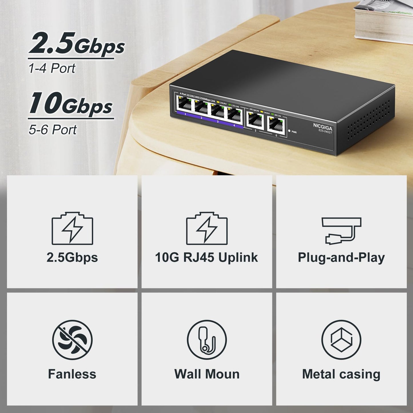 10Gbe Ethernet Switch Unmanaged with 2 x 10Gb RJ45 Ports ? 4 x 2.5Gb Base-T Ports, Desktop/Wall Mount NICGIGA 6 Port 10Gbps Network Switch
