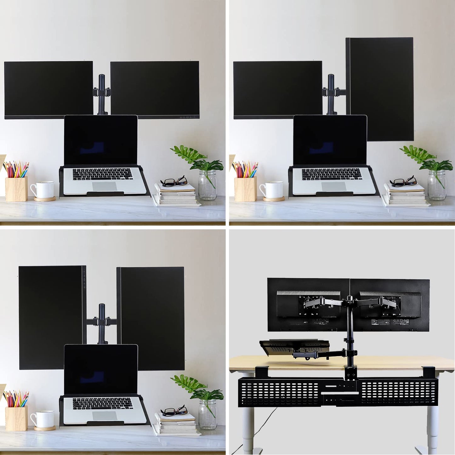 AEONS Dual Monitor and Laptop Desk Mount Combo Stand with Notebook Tray fits 17 inch, 3-in-1 Adjustable Triple Arm Mount fits 27 inch LCD Screen