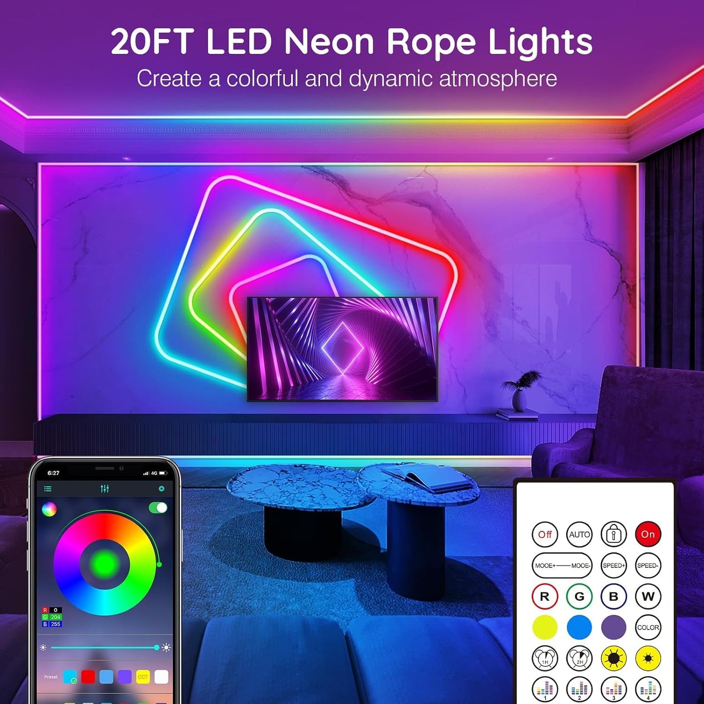 AILBTON 20Ft Neon Rope Lights,Flexible Led Rope Lights Control with App/Remote,Multiple Modes RopeLights,IP65 Outdoor RGB Led Neon Lights NonWater