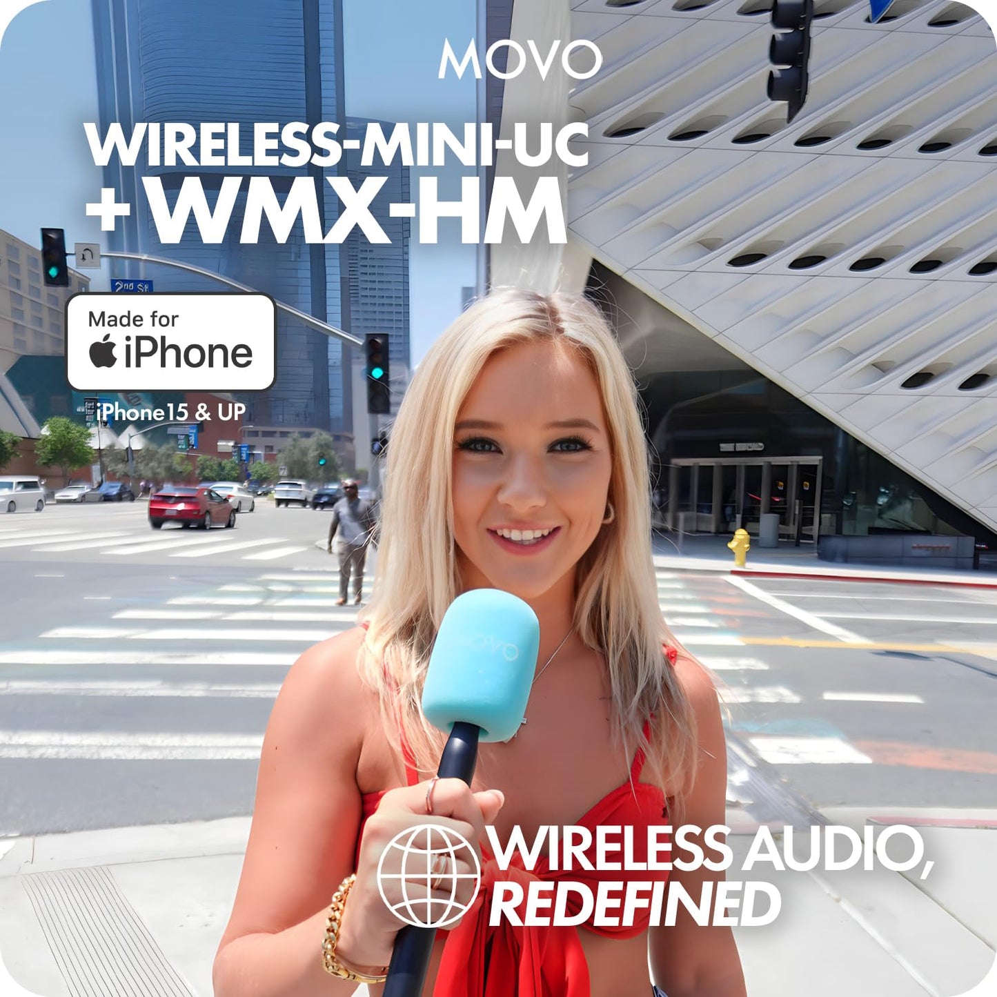 Movo Wireless Mini UC Ultra Compact Wireless Lavalier Microphone for iPhone 15/16/17 and up with WMX-HM Handheld Adapter - Lapel Mic with Handle Mount