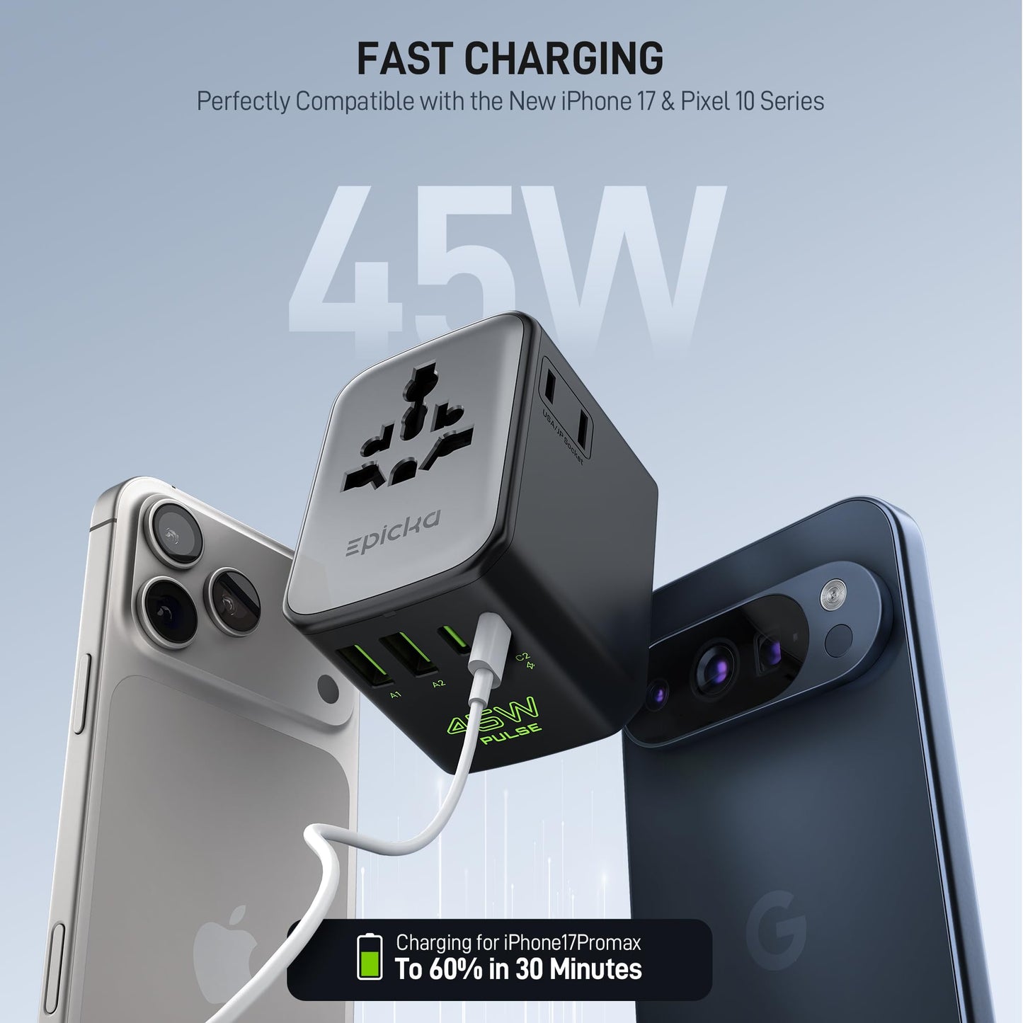 Epicka Pulse Duo 45W Universal Travel Adapter, International Power Adapter with PD & QC 3.0 Fast Charging for 2 Devices Simultaneously, European…