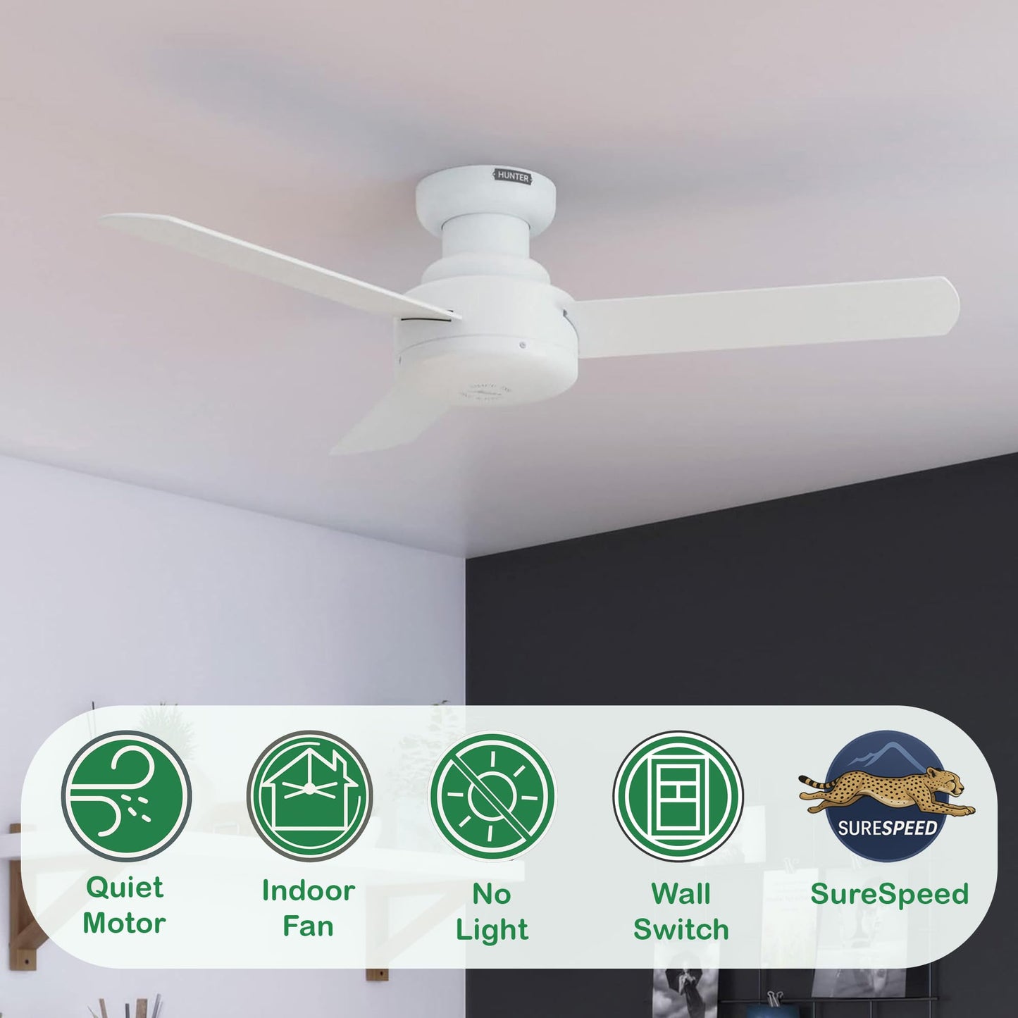 Hunter Fan 44 inch Indoor Ceiling Fan with No Light, Low Profile Flush Mount White Ceiling Fan, 3 Blades, For Kids Room, Home Office, Living Room or