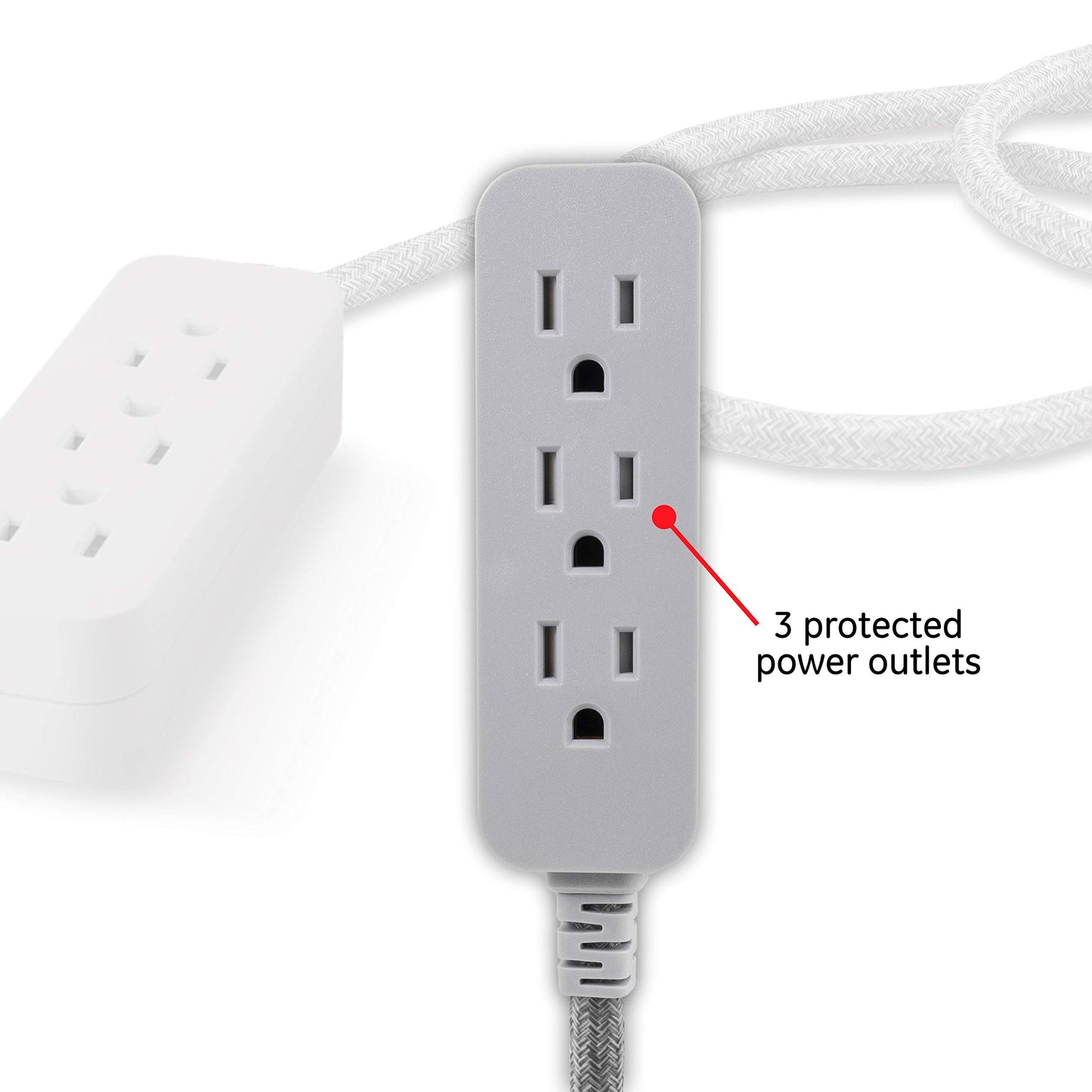 GE Pro 3 Outlet Surge Protector Power Strip, 15 Ft Designer Braided Extension Cord, Flat Plug, Wall Mount, Heather Gray, 45915