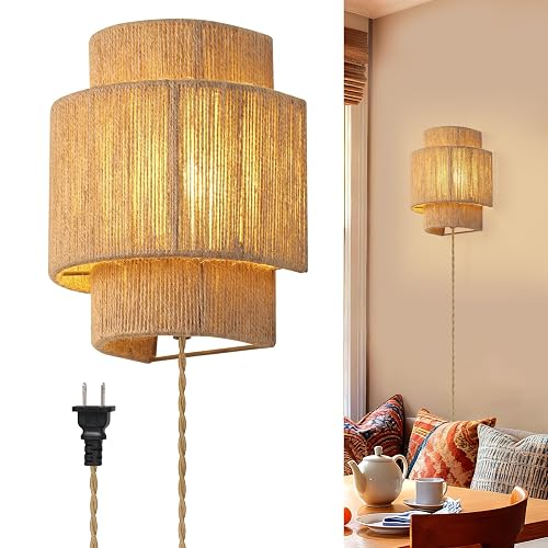 Rattan Wall Lamp with Plug in Cord,Boho Wall Light Fixture with Switch,Plug-in Wall Sconces with Hand Woven Hemp Rope Shade, Rustic Home Decor Light