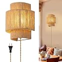Rattan Wall Lamp with Plug in Cord,Boho Wall Light Fixture with Switch,Plug-in Wall Sconces with Hand Woven Hemp Rope Shade, Rustic Home Decor Light