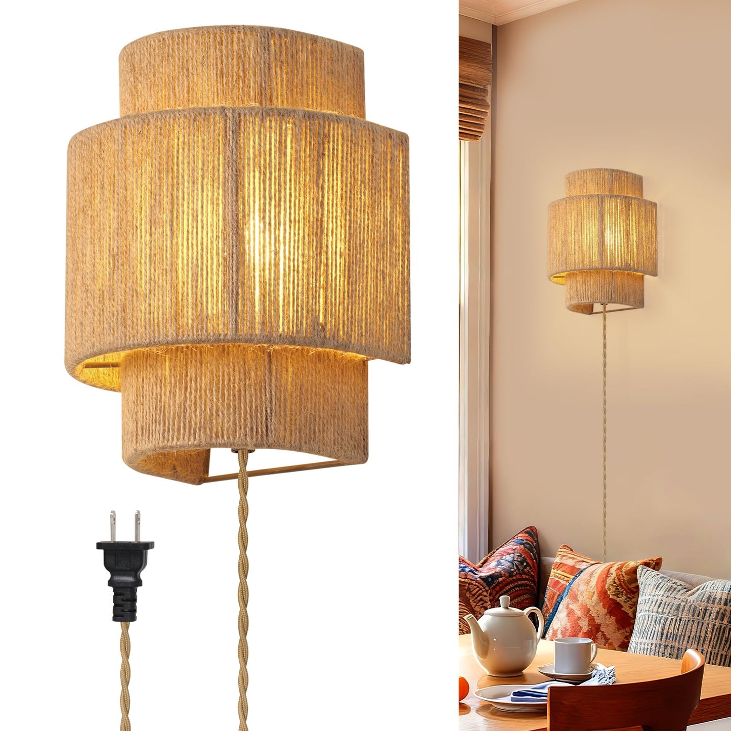 Rattan Wall Lamp with Plug in Cord,Boho Wall Light Fixture with Switch,Plug-in Wall Sconces with Hand Woven Hemp Rope Shade, Rustic Home Decor Light
