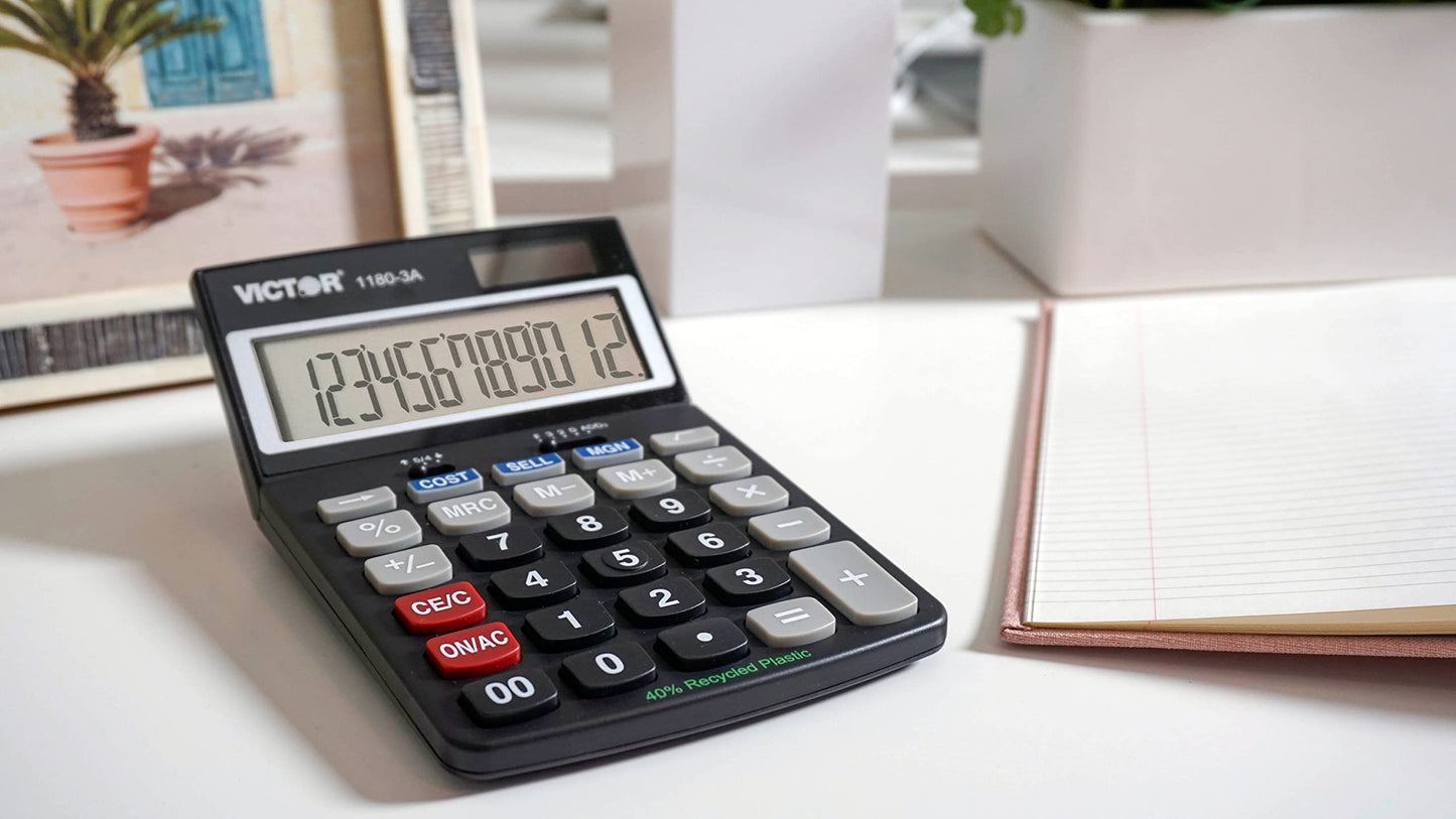 Victor 1180-3A 12-Digit Standard Function Calculator, Battery and Solar Hybrid Powered Adjustable Angle LCD Display, Great For Home and Office Desks