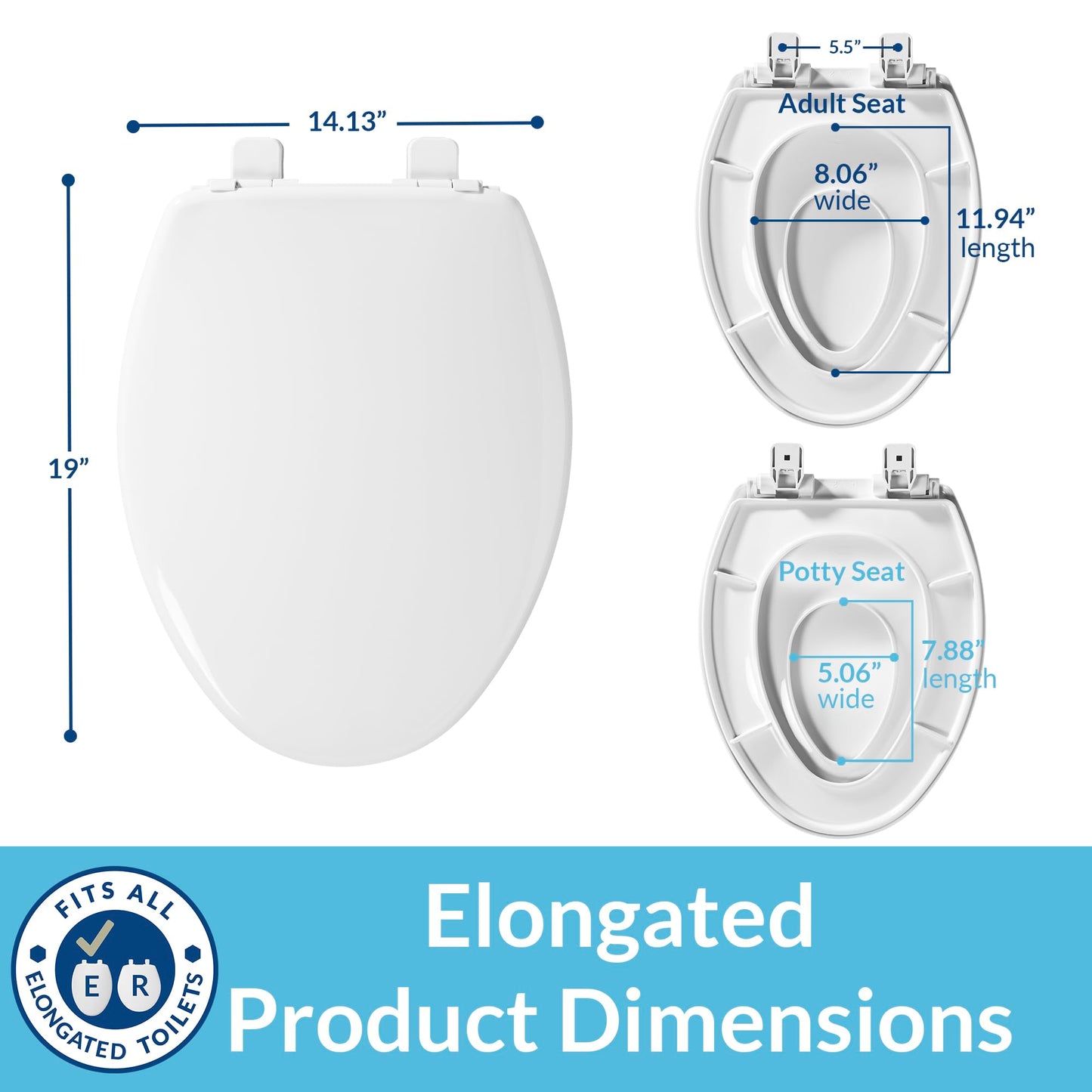 Little2Big Toilet Seat with Built-In Toddler Potty Training Seat, Slow Close, Easy to Install, Made in USA, ELONGATED, White