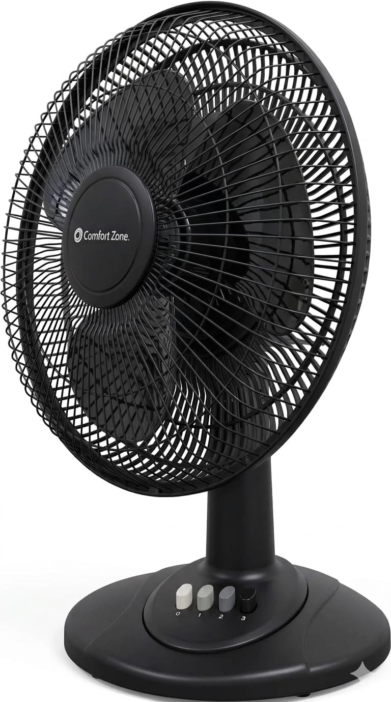 Comfort Zone Oscillating Table Fan with Adjustable Tilt, Convenient Push Button Controls, Quiet, 12 inch, 3 Speed, Desk Fan, Airflow 7.25 ft/sec