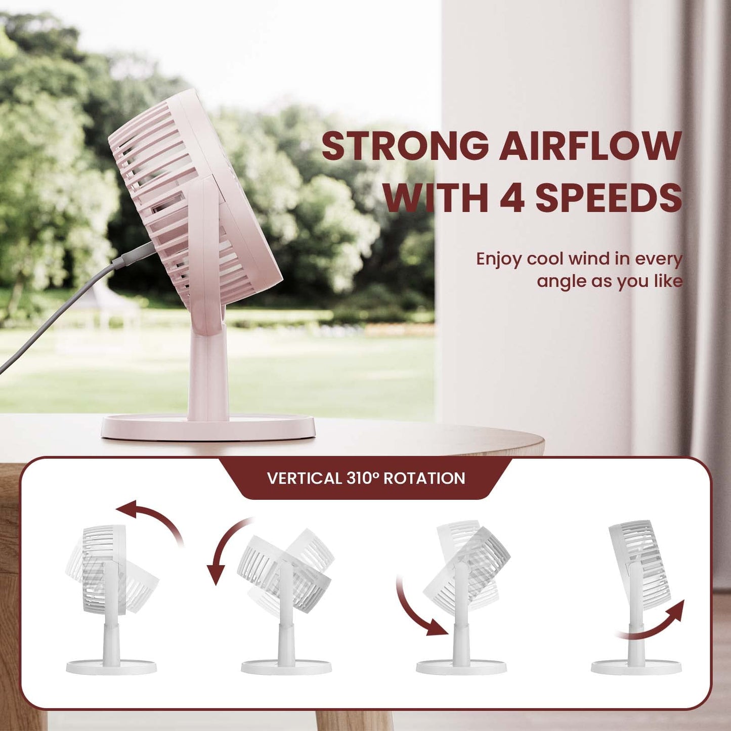 Shinebella 4 Speeds Small Desk Fan with Strong Airflow, Personal Portable Mini USB Fan, Quiet, 310 Degree Rotation, Detachable, Easy to Clean