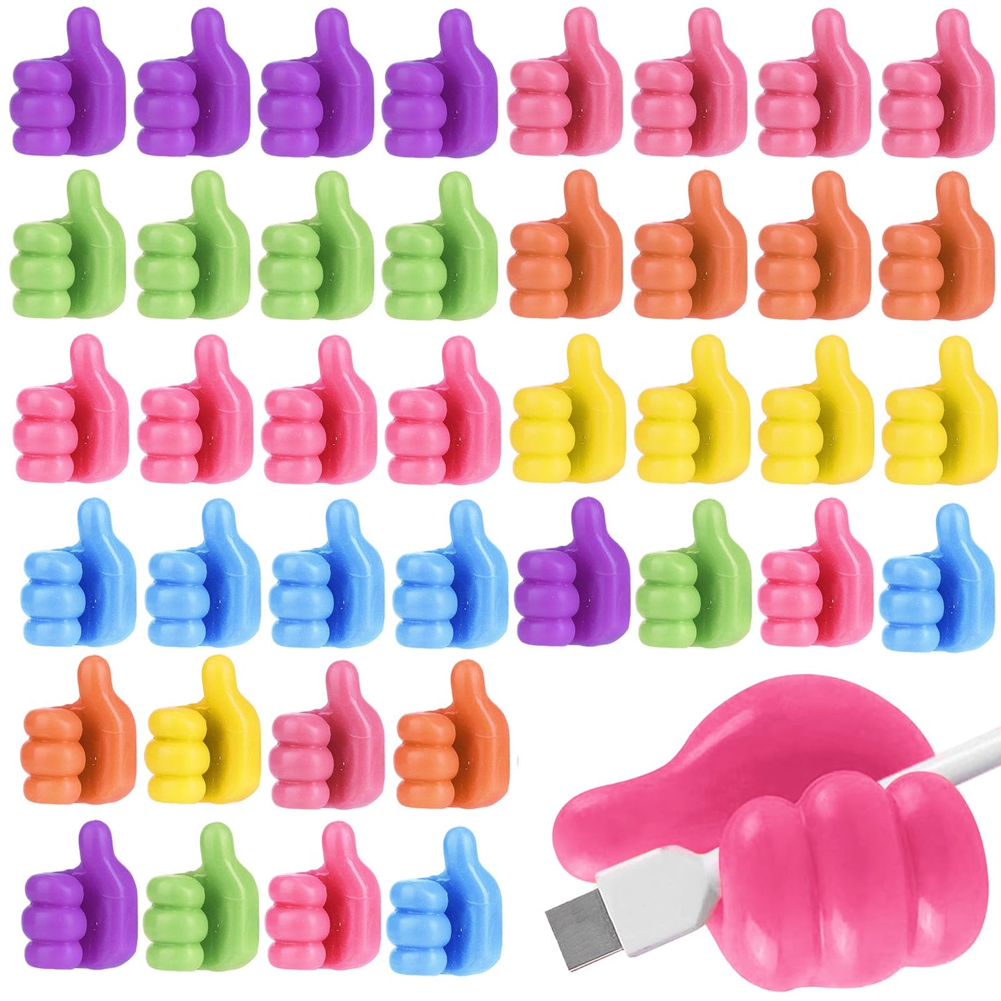 Ryetvok 40 Pcs Creative Thumbs Up Wall Hooks, Self-Adhesive Silicone Thumb Holders, Multi-Function Cord Holder Clips for Desk Wall Nightstand, Wire