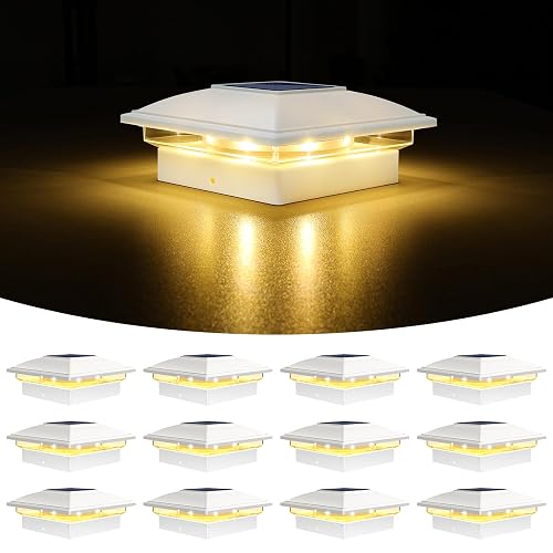 VOLISUN Solar Post Cap Light Outdoor Waterproof 12pack,Solar Fence - Post Lights for 4x4 5x5 6x6 Wooden/Vinyl Post,White Deck Cap Light Solar Powered