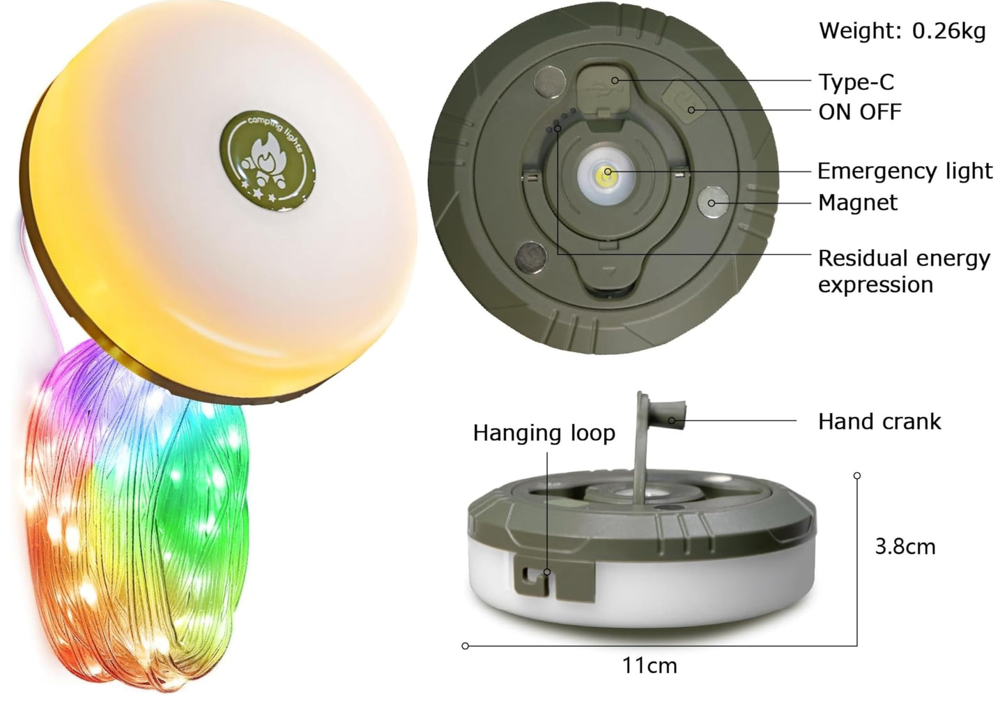 Camping String Lights,Camping Essentials Gear 32.8FT Lamp Lights Waterproof, 4 in 1 Outdoor String Lights with 8 Modes for Awn Tent Yard Garden Hiking