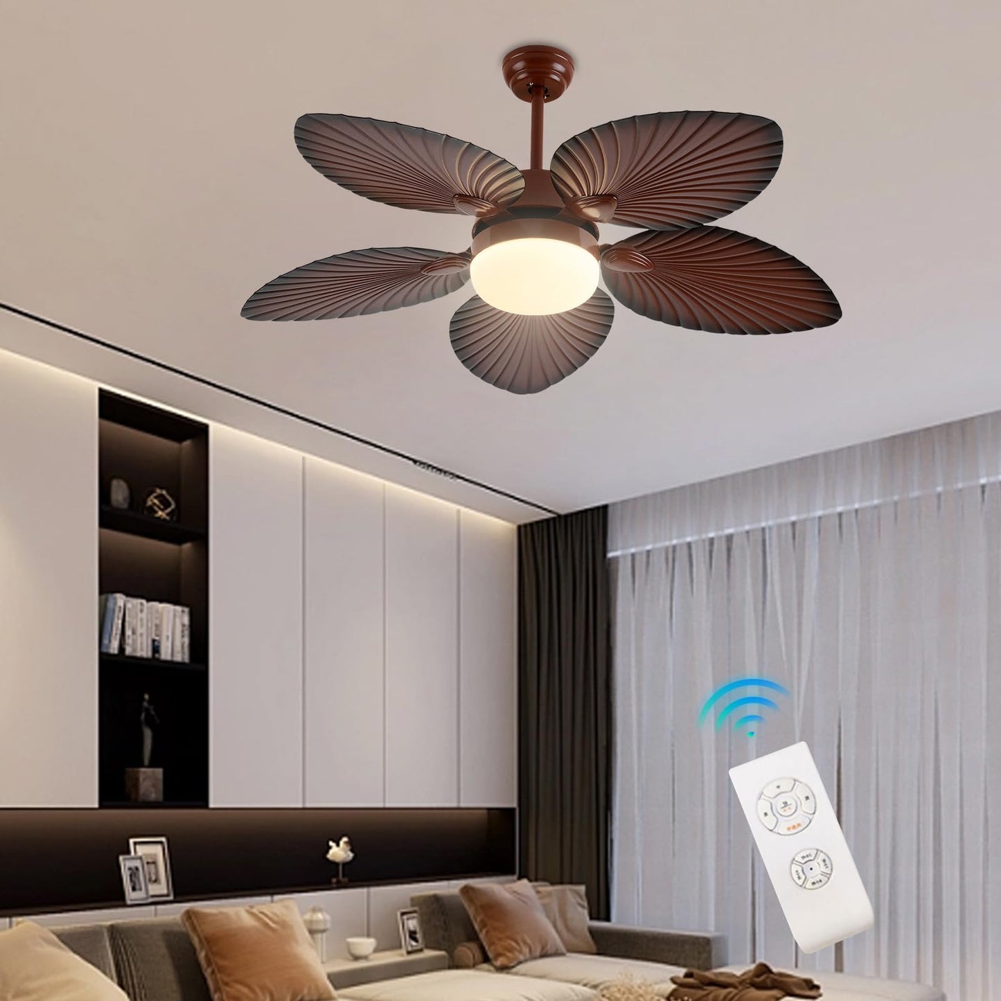 Haivenliuy 52 Inch Tropical Palm Leaf Ceiling Fan with LED Lights,5 Palm Wooden Reversible Blades 3 Speed Glass Lampshade Vintage Chandelier Fan