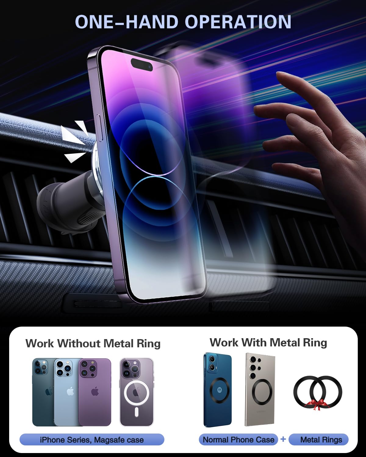 for Magsafe Vent Mount [Horizontal/Vertical]: Ultra Strong Magnetic Car Phone Holder, Circle Magnet Air Vent Stand for Mag Safe Phone Grip, iPhone 16