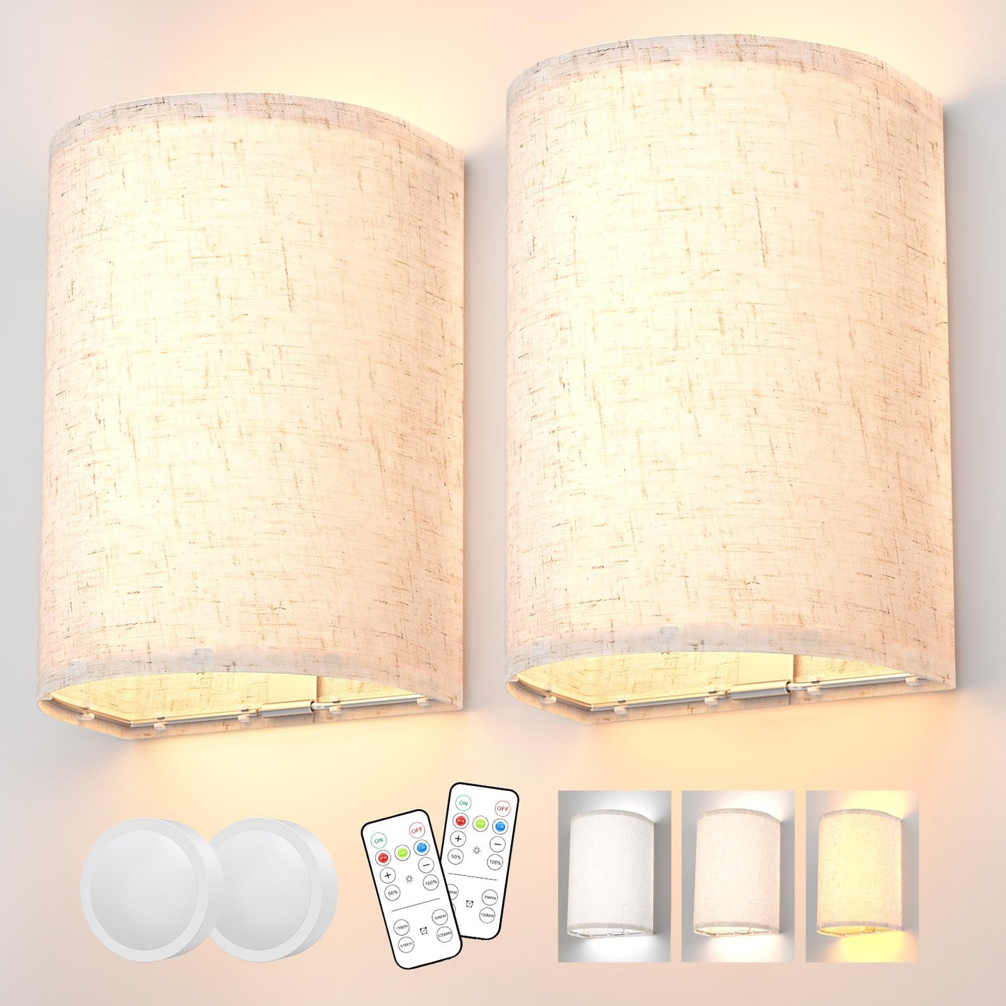 PRTILOUD Battery Operated Wall Sconces Set of Two, Rechargeable Wall Lamp with Remote, 3 Colors Dimmable Fabric Wireless Sconces Wall Decor Set of 2