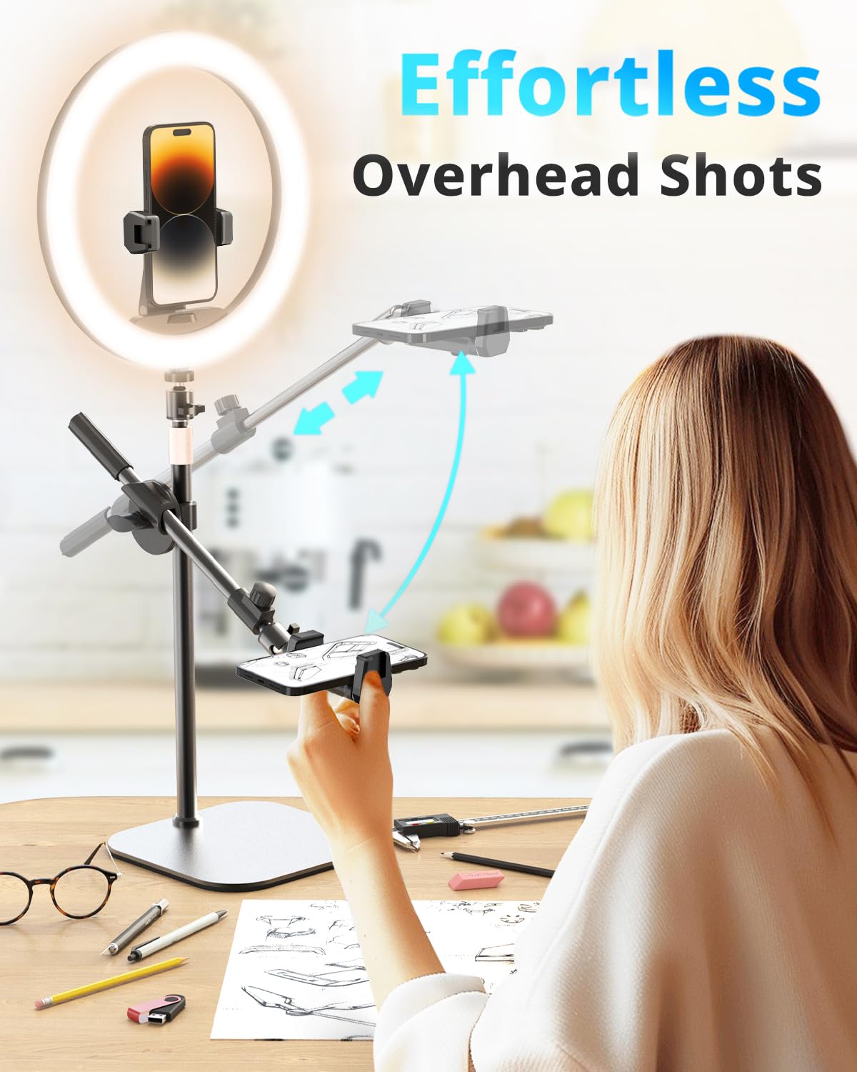 UBeesize 12" Desk Ring Light with Stand and Phone Holder, Overhead Phone Mount for Video Recording, Zoom Meeting, Live Streaming, Tiktok