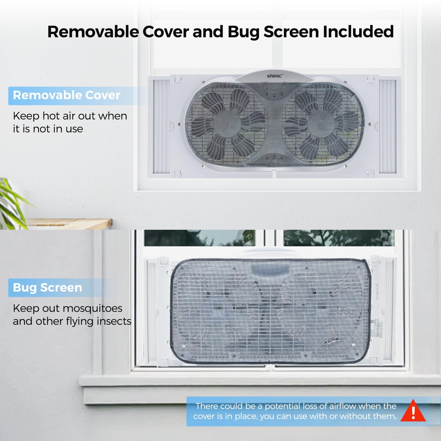 shinic 9" Twin Window Fan with Remote, Reversible Airflow, Fits 24"-37"