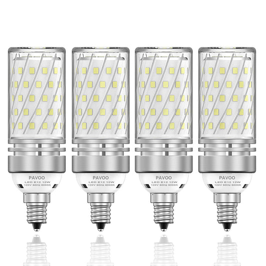 PAVOO E12 LED Bulbs, 12W Chandelier Light Bulbs 6000K Daylight White, 1200LM 100W Equivalent Non-Dimmable, Ceiling Fan Bulbs, Decorative Candle Base