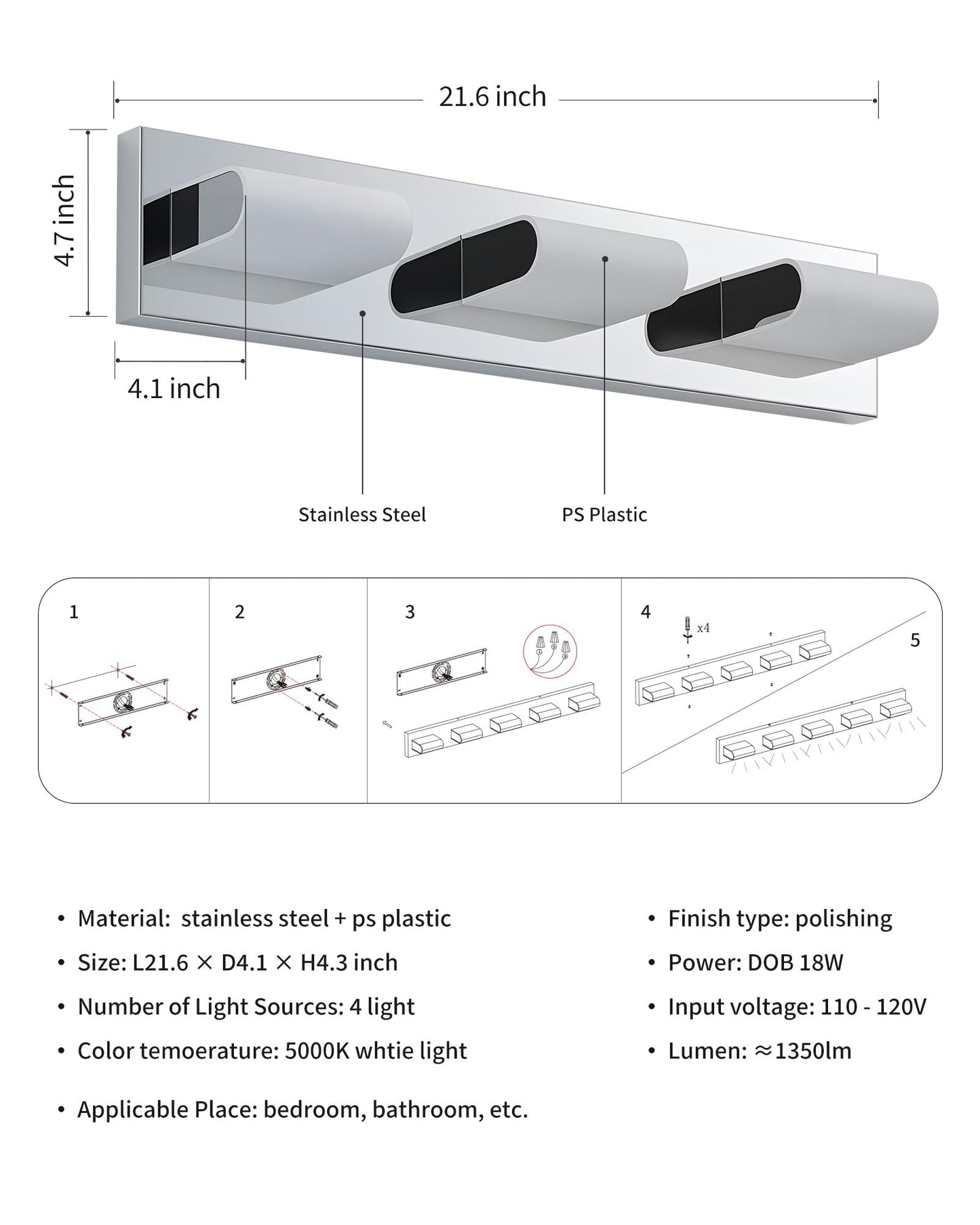 KDG LED Modern Bathroom Vanity Light Fixtures, 3 Lights Stainless Steels Silver 5000K Wall Lighting Over Mirror, Lights for Dressing Room, Bedroom