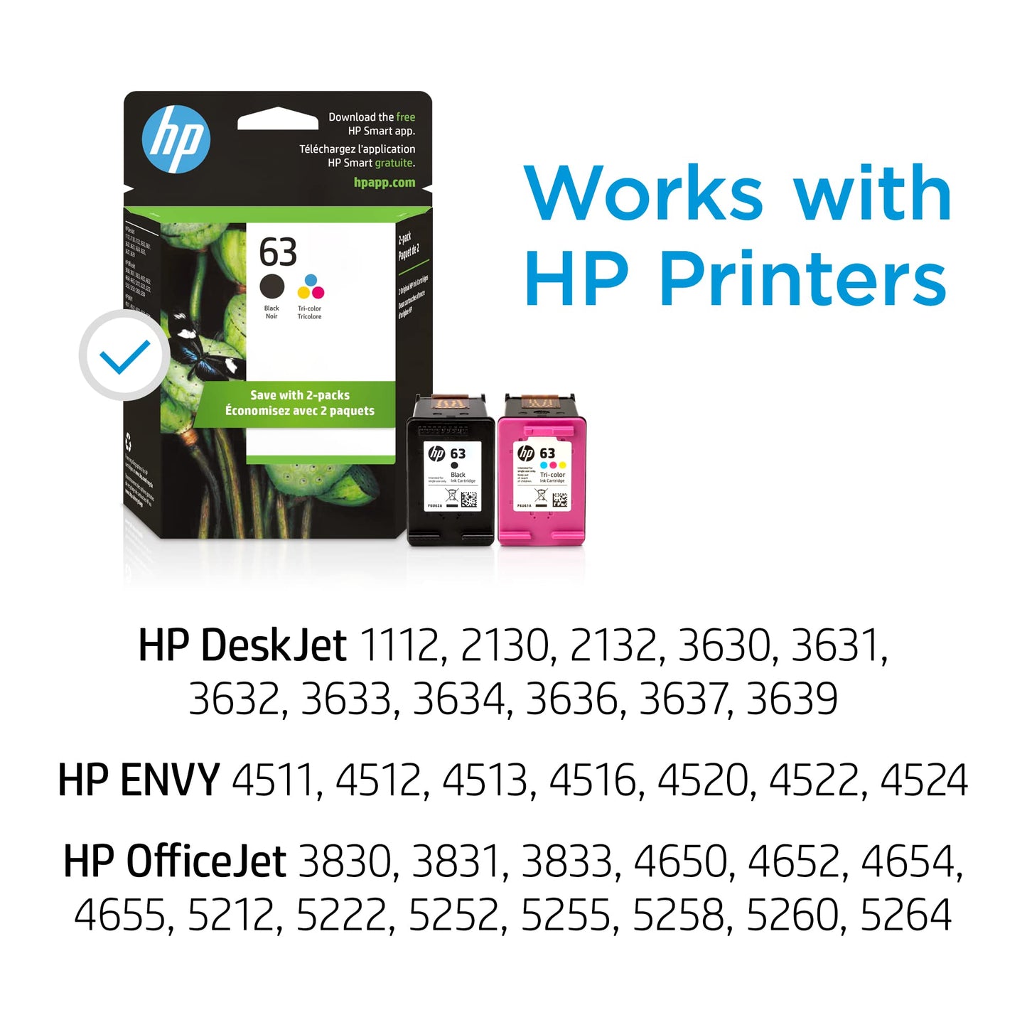 HP 63 Black, Tri-Color Ink Cartridge Printers (2-Pack), Works with DeskJet 1112, 2130, 3630 Series; Envy 4510, 4520; OfficeJet 3830, 4650, 5200