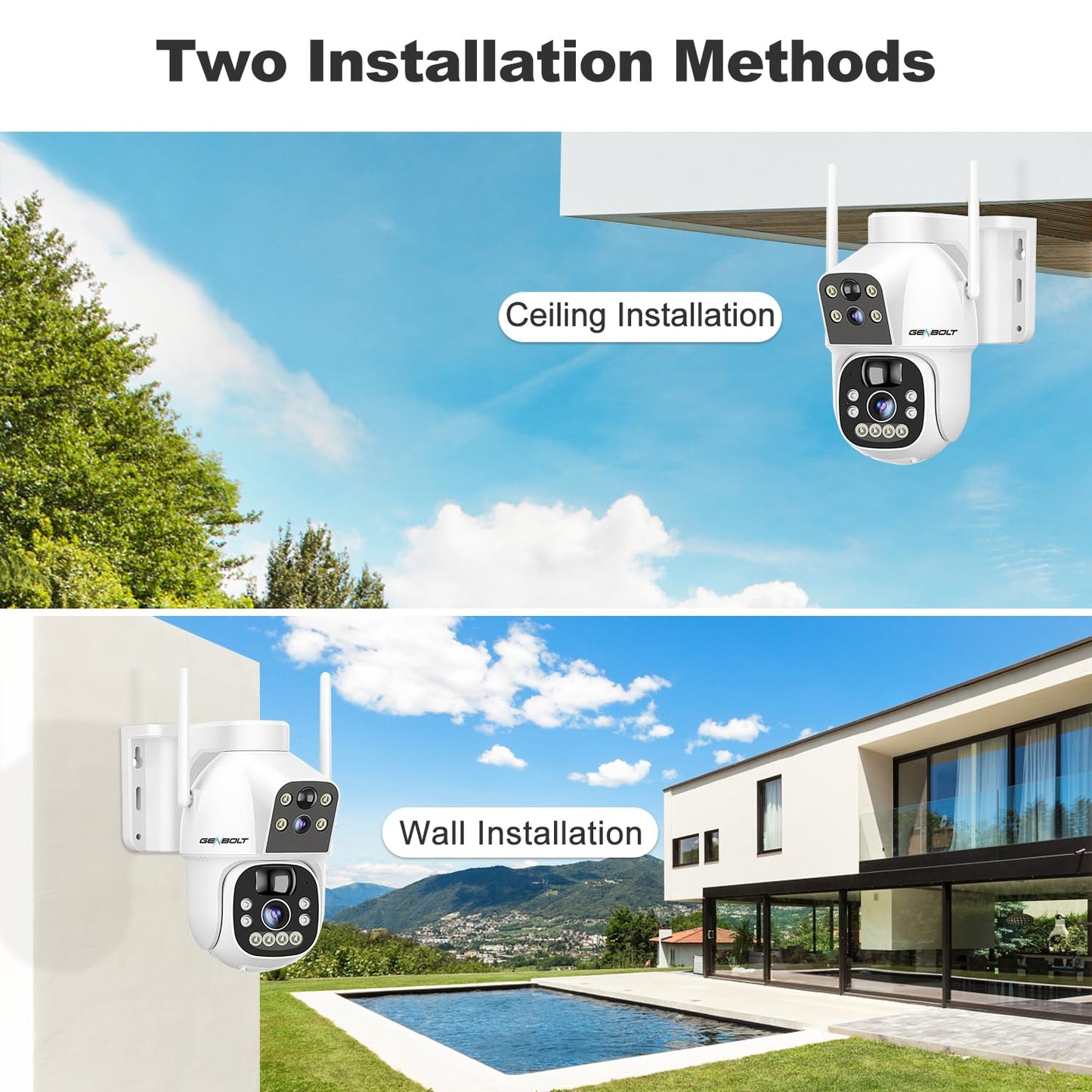 GENBOLT Solar WiFi Security Camera Outdoor Wireless, 8W 15600mAh Battery Powered Home Surveillance Cam CCTV with Dual View, Dual Lens Spotlight IP Cam